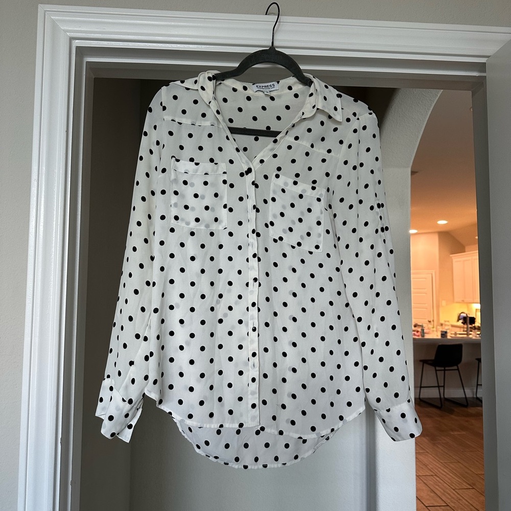 White and Black Polka Dot Button Down Shirt